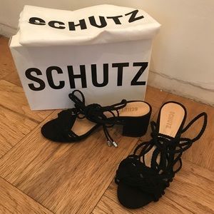 Schutz mid-heel black ankle wrap sandal